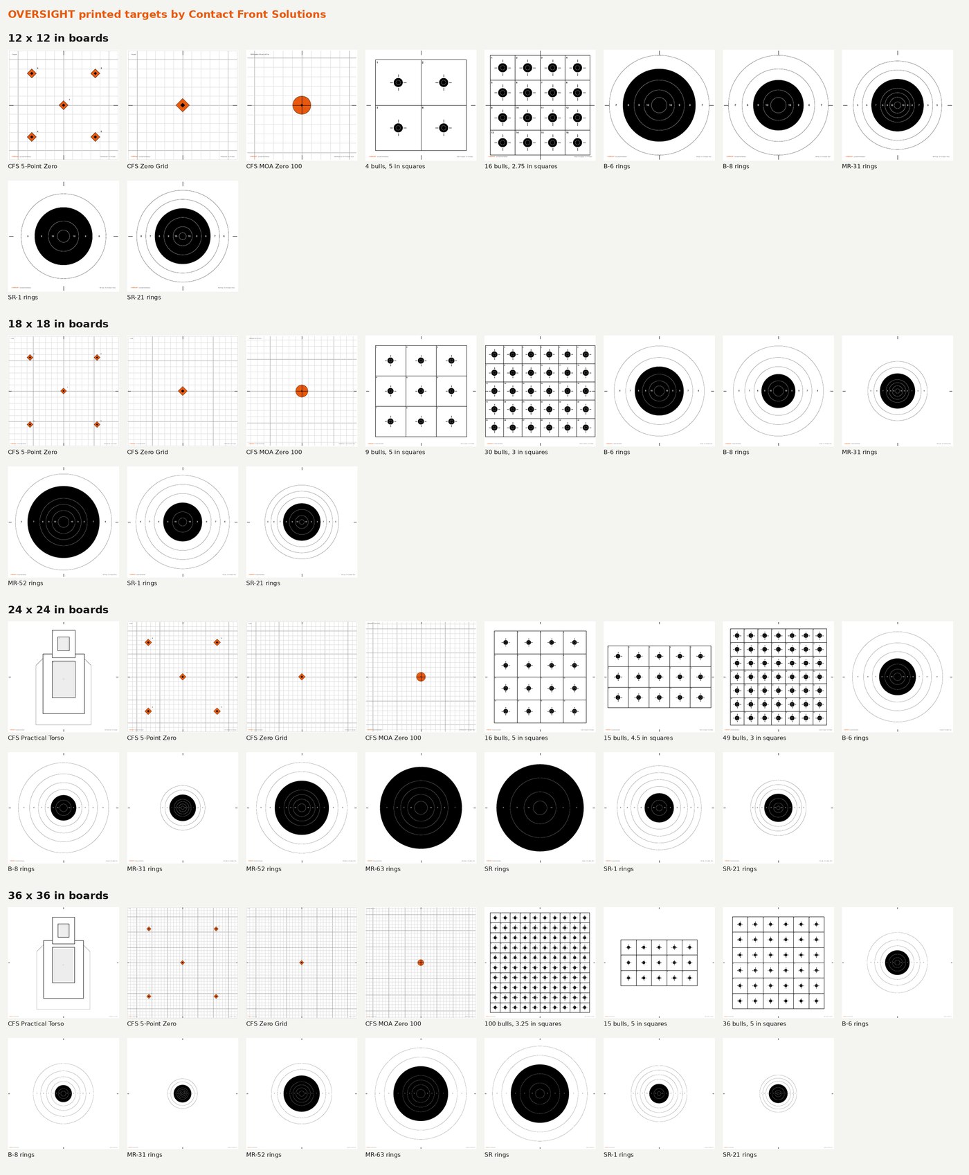OVERSIGHT printed targets: rings, multi-shooter grids and zero targets